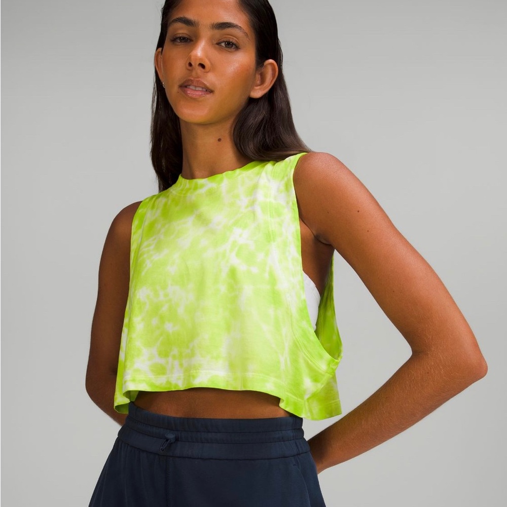 Lululemon All Yours Cropped Tank Top Tie Dye Lime Yellow green white Size 6